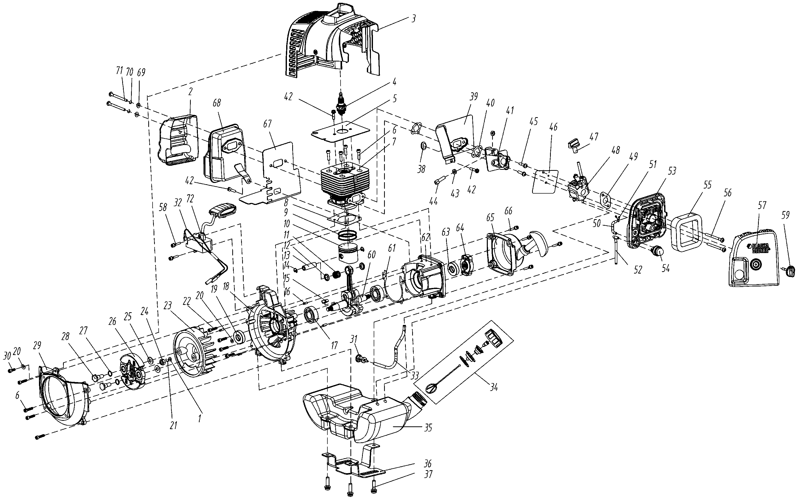 Default 2 Diagram and Parts List for GST43-B3 Type 1 Black and Decker Trimmer